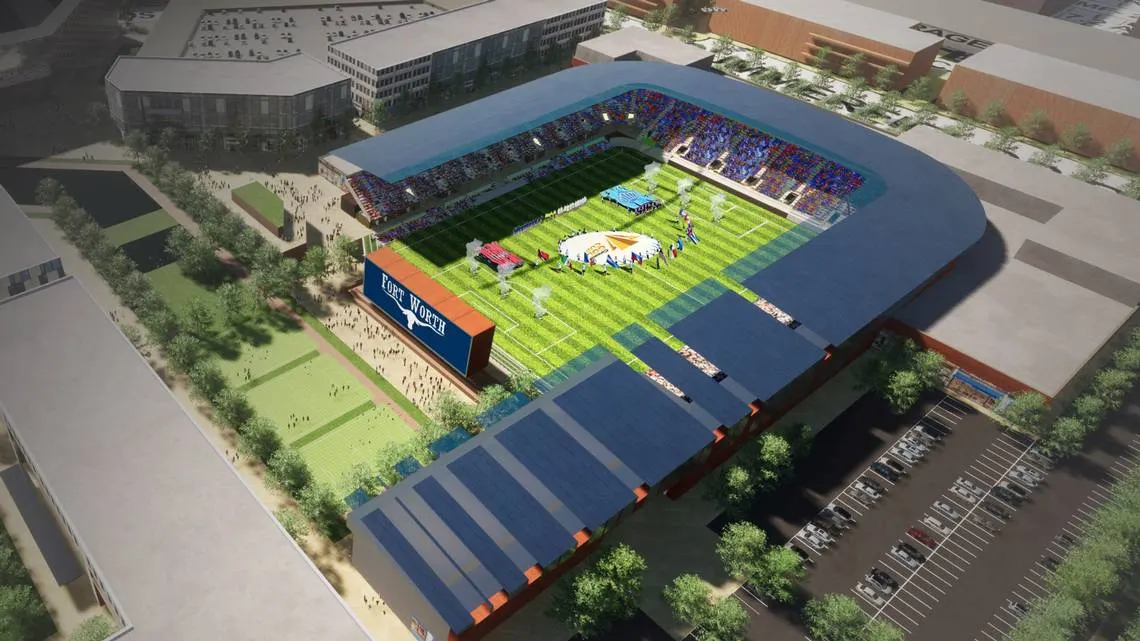 The proposed 10,000 seat stadium to a development at Basswood Boulevard and I-35W could be home to two professional soccer teams.