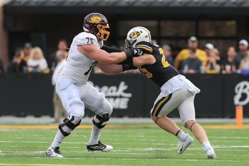 Central Michigan OT Bernhard Raimann has come a long way since picking up football at age 13. Now he's a legit NFL draft prospect.  (Photo by Scott Winters/Icon Sportswire via Getty Images)