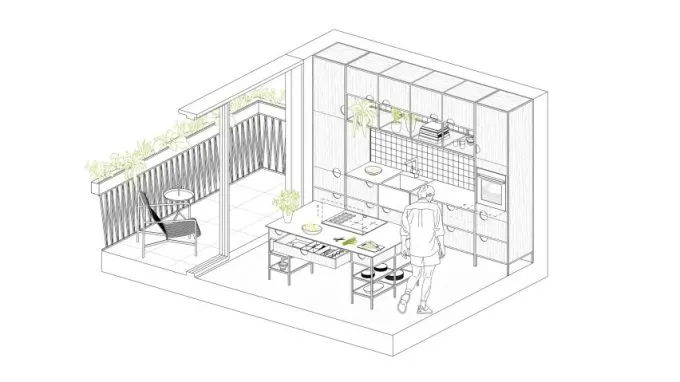Technical drawing of Emil Eve Architect's small kitchen design
