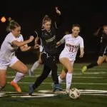 Jadyn Holdenried, center, of Windsor High working her way between Mila Bettinelli, left, and Lauren McKeown of Cardinal Newman during their game held in Windsor, Calif. on Thursday, February 10, 2022.(Photo: Erik Castro/for The Press  Democrat)